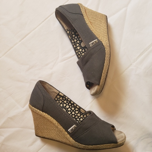 Toms Shoes - TOMS Gray Canvas Peep Toe Wedges